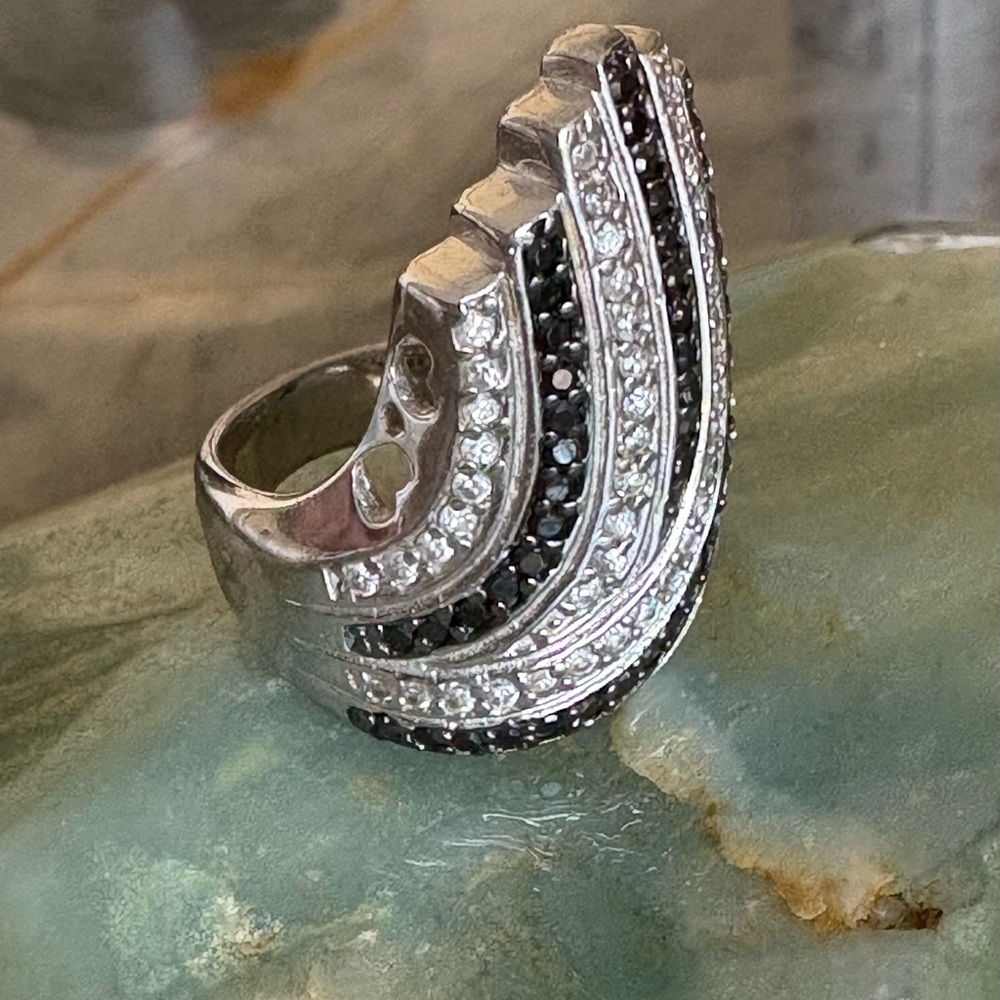 LARGE GENUINE Diamond Art Deco Ring White Black Diamonds Sz 7 925 Sterling S - Picture 4 of 16